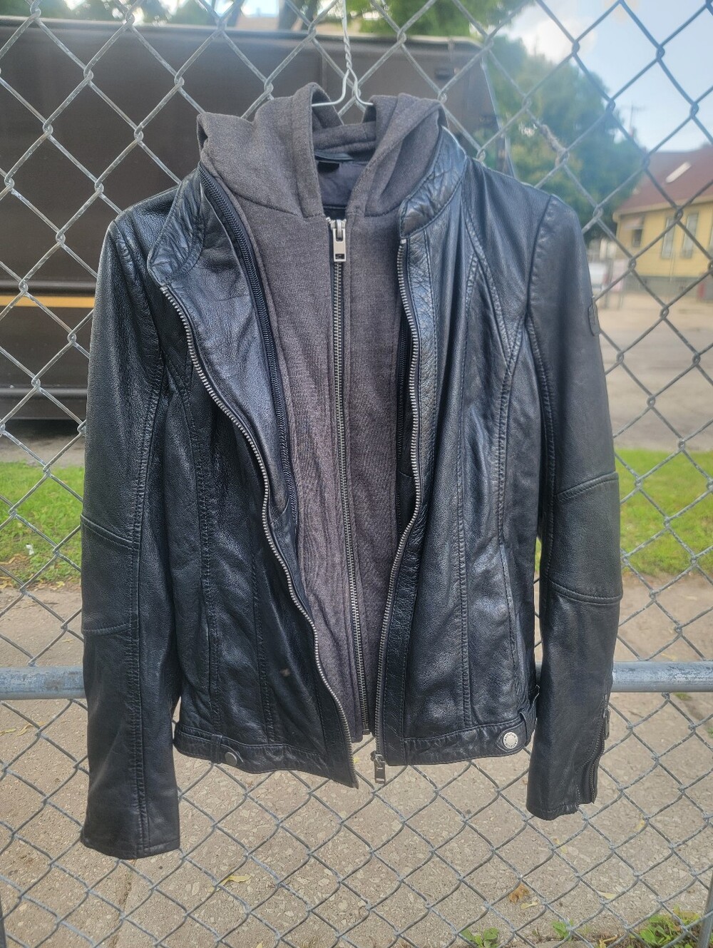 Mauritius Black Lamb Leather Hooded Moto Jacket Small